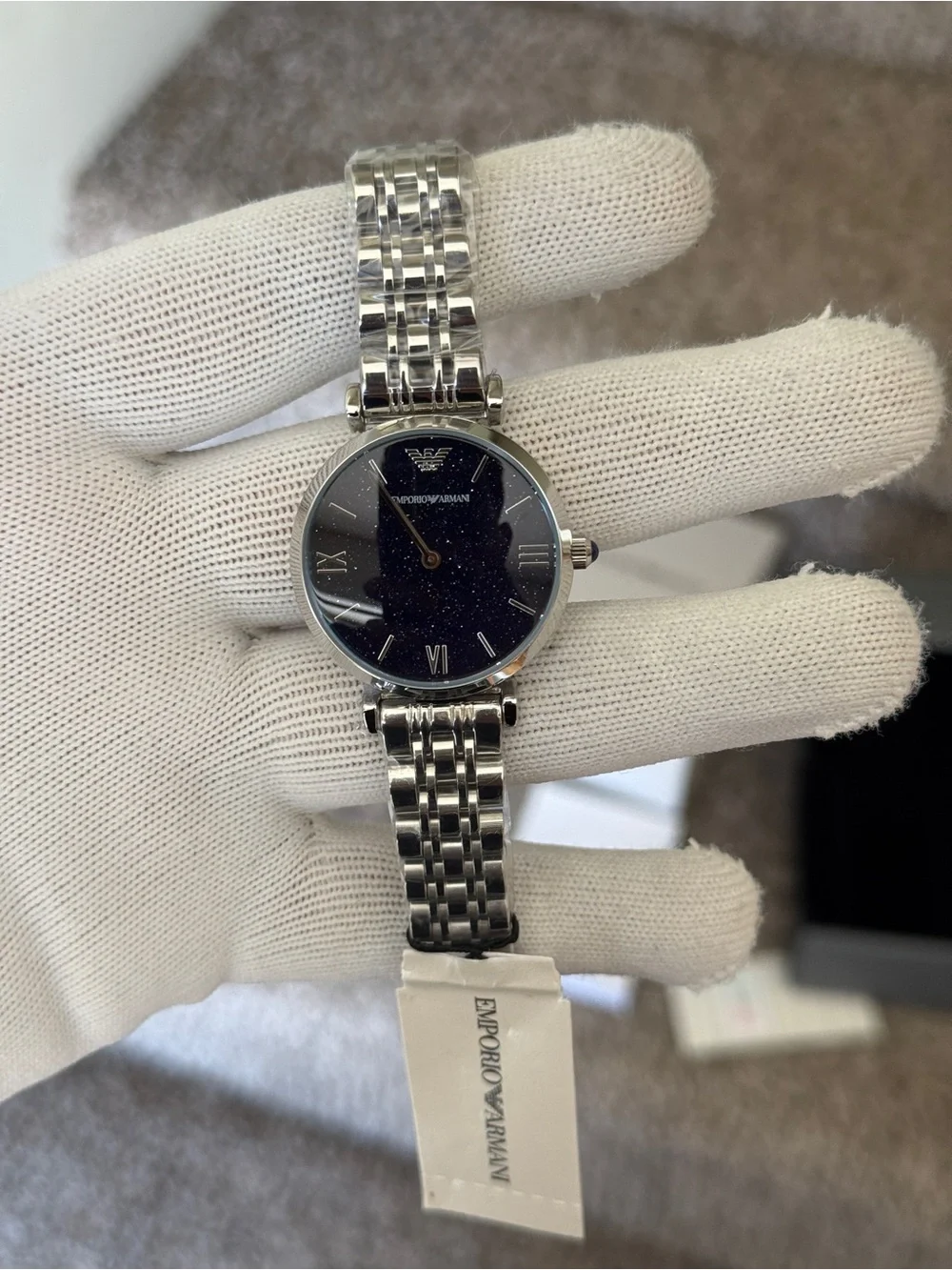 Emporio Armani women’s Silver Bracelet Watch with Sparkling Navy Dial
